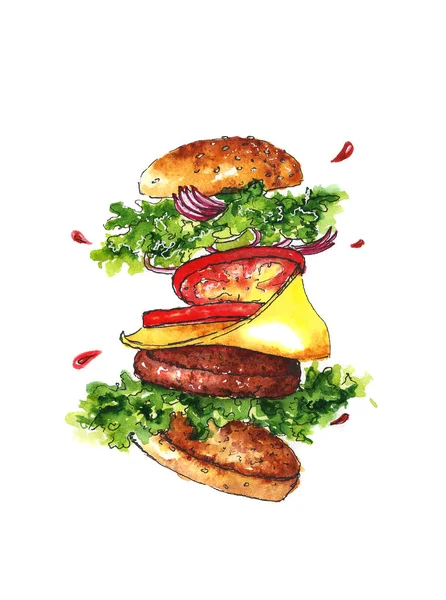 Ingredienti volanti per un hamburger fatto in casa . — Foto Stock