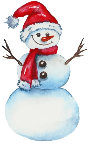 Hauska lumiukko joulupukin hatussa. Käsintehty akvarelli . — kuvapankkivalokuva