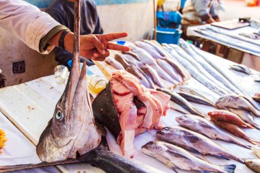 Essaouira 'daki balık pazarı. Taze ve sağlıklı yiyecekler. Essaouira, Fas - 21 Eylül 201