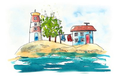 Deniz feneri, eski evler, deniz ve gökyüzü olan manzara. El yapımı suluboya çizimi.