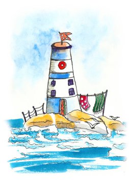 Deniz feneri, deniz ve gökyüzü olan bir manzara. El yapımı suluboya çizimi.