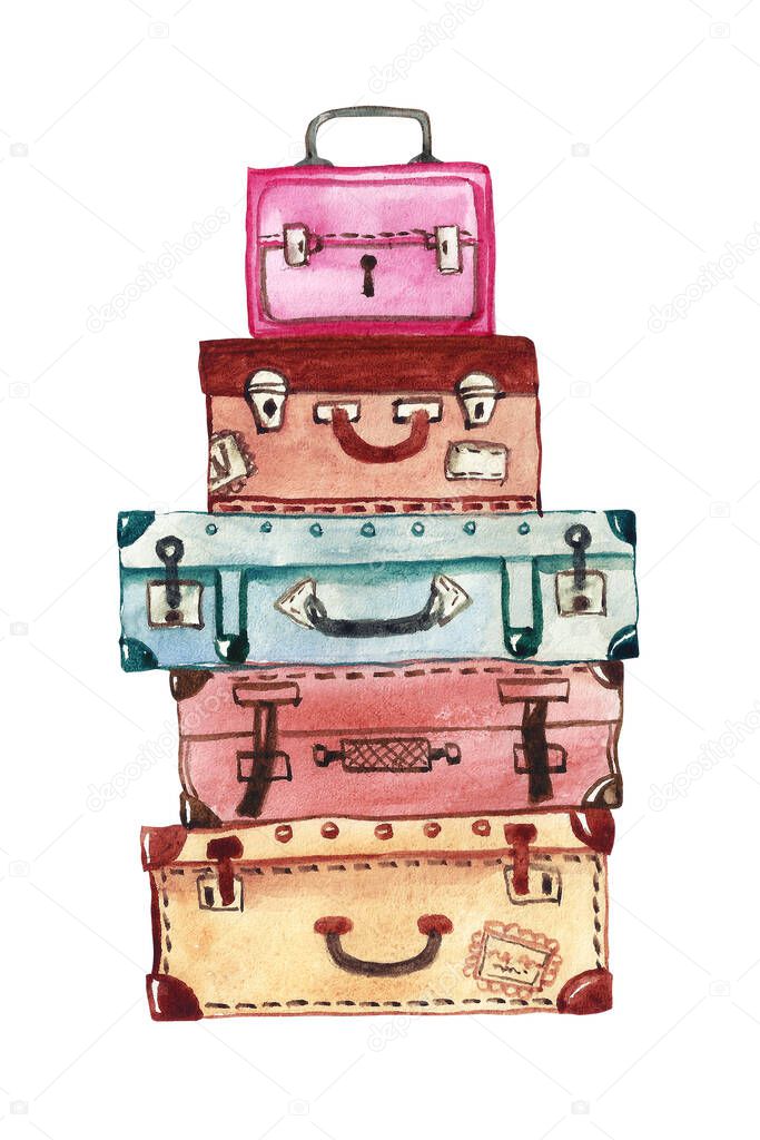 Set of old fashioned travel suitcases with labels. Hand drawn watercolor painting, concept of travel, summer and vacation. Isolated on white.