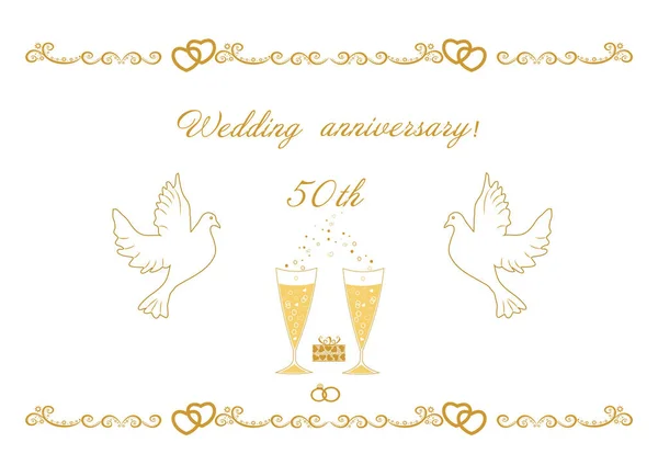 vektör çizim Eps 8 50 yıldönümü kartı tebrik için düğün ve metin yazma. Altın yıldönümü kutlama düğün. Düğün davetiye kartı beyaz arka plan. Düğün öğeleri davetiye. Yazdırma için uygun