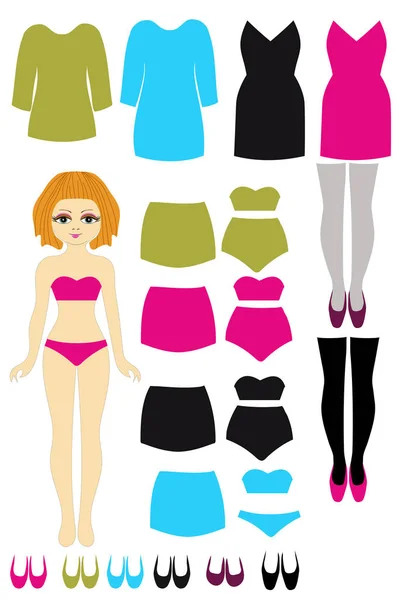 Muñeca de papel con ropa imagen vector conjunto — Vector de stock