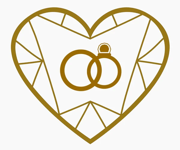 Corazón de oro y anillos de boda . — Vector de stock