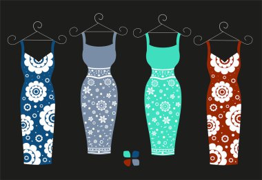 Kadınlar için şık elbiseler. Yılın moda renkleri bahar / yaz 2020. Yaz sezonu için kıyafet. Giysilerin tasarımı ve modellenmesi için bir şablon. Çiçek soyut baskısı. Dolap