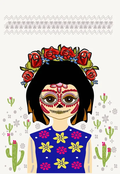 Férias Dia Dos Mortos México Retrato Uma Menina Com Personagens — Vetor de Stock