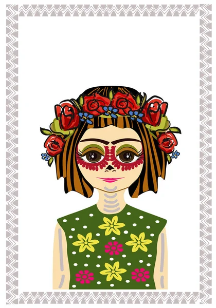 Karnavalda yüzü boyalı genç Meksikalı kız. Ölülerin Tatil Günü. Portre. Vücut sanatı. Kafasında bir çiçek çelengi var. Meksika 'da tatiller. Grafik çizimi. Tatil davetiyeleri için kullan. Kartpostal