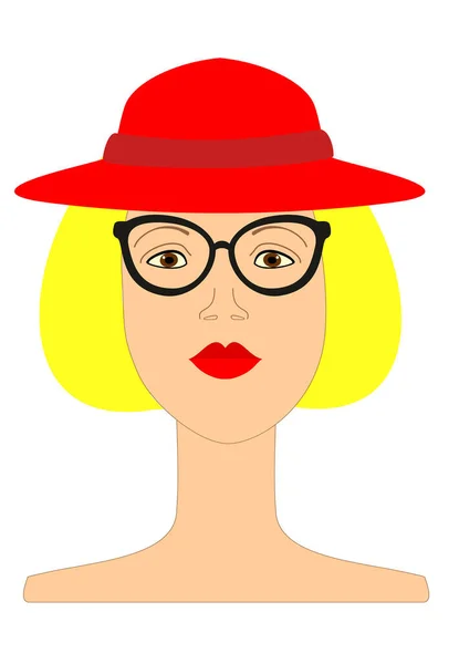 Menina Jovem Óculos Chapéu Vermelho Fundo Branco Isolado Lábios Vermelhos — Vetor de Stock