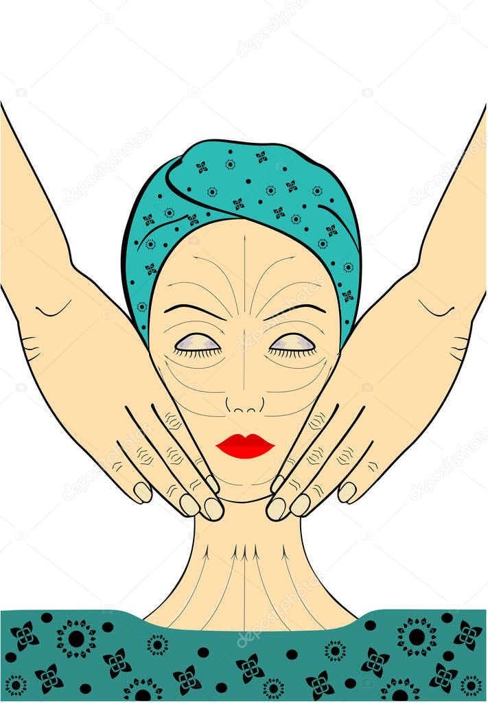 Young woman doing facial massage. Banner. Graphic illustration. Visual aid with lines on the face for self-massage. Spa. Advertising. Painting brus