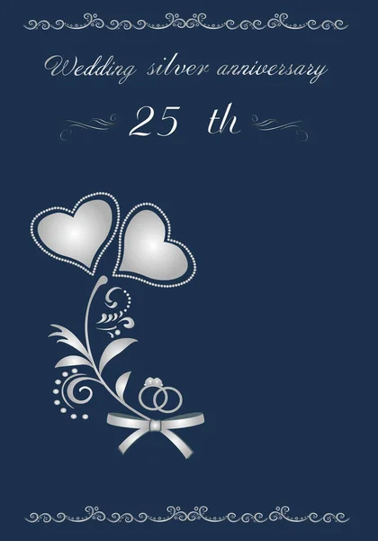 Gümüş evlilik yıldönümü. Kalpleri ve yüzükleri mavi arkaplanda düğün unsurları. Tebrik mesajı. Ücretsiz bilet. Yazdırmak için kullanışlı