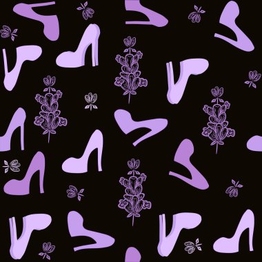 Yüksek topuklu ayakkabıları ve lavantası olan kusursuz bir desen. Soyut arka plan tekrarlanıyor. Mor, pembe ve siyah. Kıyafet ve çantaların baskısı, iş defteri, hediyelerin süslemesi, kartpostallar için kullanılabilir.