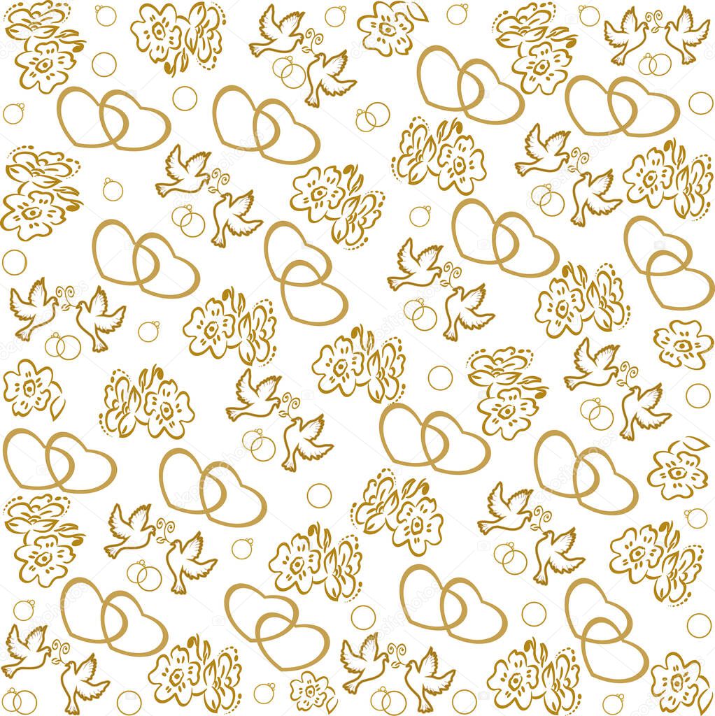 Wedding pattern of repeating abstract graphic elements. Beautiful gold rings, wedding rings, flowers, pigeons, hearts. Sample. Template. For greeting cards, envelopes, decoration, weddings, wrapping 