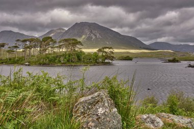 İrlanda, Connemara Ulusal Parkı 'ndaki güzel dağ gölü. Connemara Ulusal Parkı 'ndaki ıssız dağ manzarası, İrlanda.