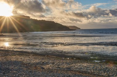Sahilde güzel bir gün batımı. Brittany, Fransa 'da günbatımı. Gün batımında sörfçüler ve martılar.