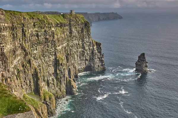 Panoramic view of the Cliffs of Moher, Ireland. Cliffs of Moher during sunset. Coastline in Ireland with huge cliffs. Sunset at the cliffs of moher.