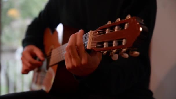 吉他演奏者用古典吉他演奏 弹一把古典吉他 弹吉他 手指在吉他上挑逗 — 图库视频影像