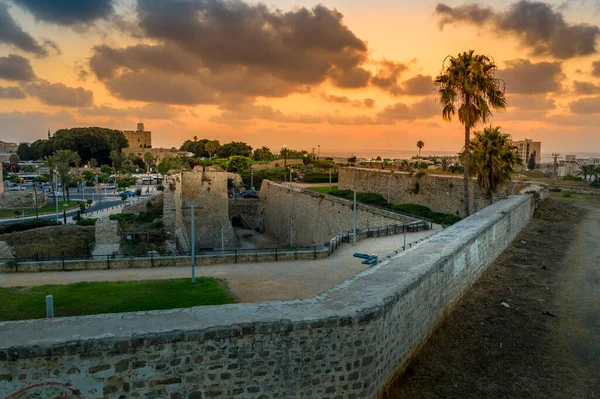 Flygfoto Sommar Solnedgång Syn Acco Acre Akko Medeltida Gammal Stad — Stockfoto