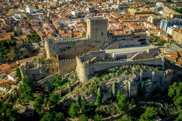 Vue Aérienne Château Médiéval Almansa Avec Donjon Cour Sur Rocher — Photo