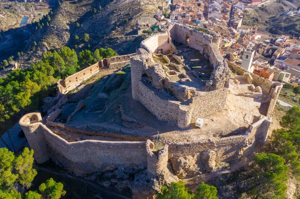 Vue Aérienne Château Jalance Espagne Sur Une Colline Xiie Siècle — Photo