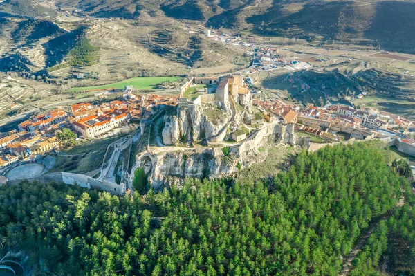 Αεροφωτογραφία Του Morella Μεσαιωνική Περιτειχισμένη Πόλη Προμαχώνες Και Πύργους Ένα — Φωτογραφία Αρχείου