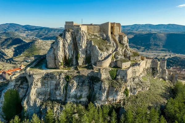 Vue Aérienne Ville Fortifiée Médiévale Morella Avec Des Remparts Des — Photo