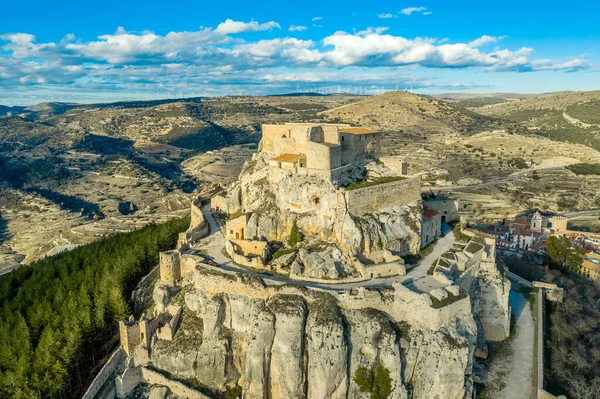 Vista Panorámica Aérea Muralla Medieval Morella Muralla Castillo Con Cielo — Foto de Stock