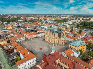 Aerial view of Kalmar old town square with Kalmar cathedral yellow building in Baroque Style