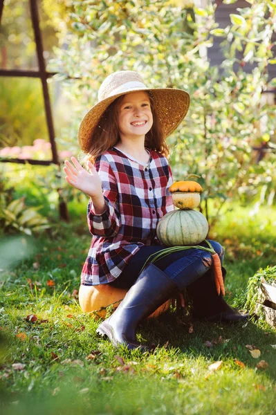 Happy Funny Child Girl Farmer Hat Shirt Playing Picking Autumn — Stock Photo, Image