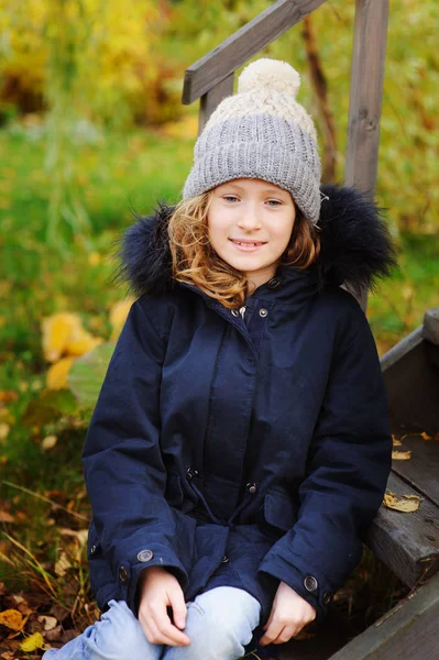 Autumn Portrait Happy Kid Girl Sitting Garden Wooden House Stairs — Stock Photo, Image