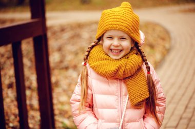 sıcak örme şapka ve atkı güneşli parkta yürüyüş zevk mutlu küçük kız çocuk sonbahar açık portresi