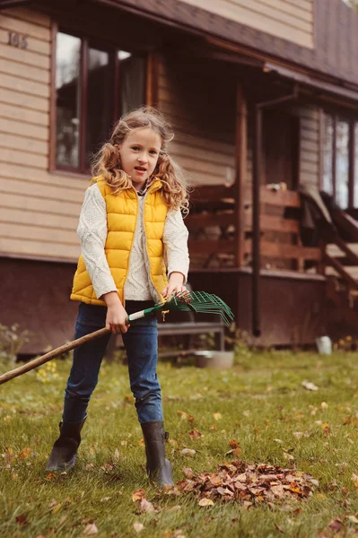 Happy Child Girl Playing Little Gardener Autumn Picking Leaves Basket — Stock Photo, Image