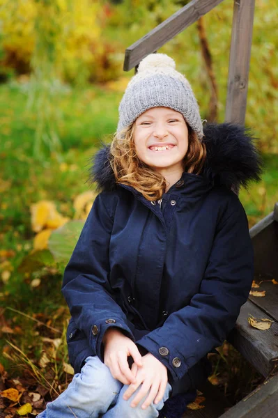 Autumn Portrait Happy Kid Girl Sitting Garden Wooden House Stairs — Stock Photo, Image