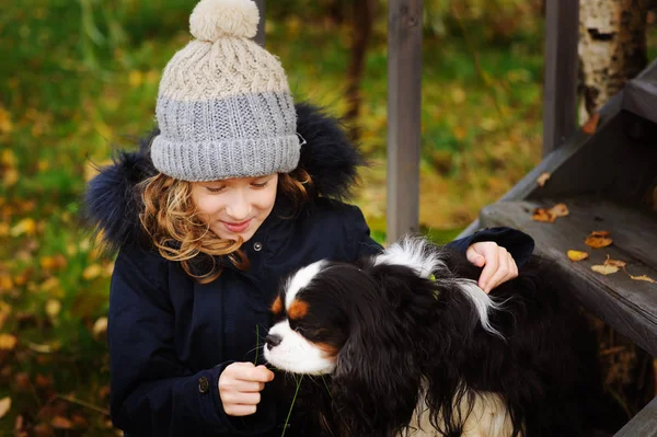 Hösten Porträtt Happy Kid Flicka Leker Med Hennes Spaniel Hund — Stockfoto