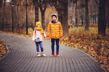 ve mutlu erkek kardeşim yolun güneşli Park'ta yürüyordunuz sonbahar portresi. Birlikte sıcak gün açık oynayan çocuklar.