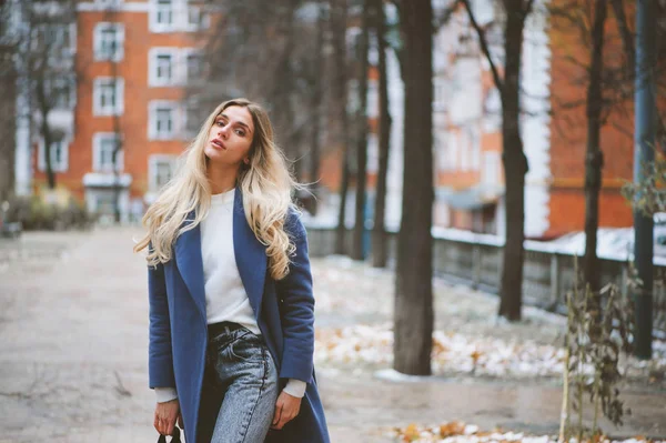 Şehirde Sonbahar Kış Sıcak Paltolu Yürüyen Genç Kadın Portresi Sokak — Stok fotoğraf