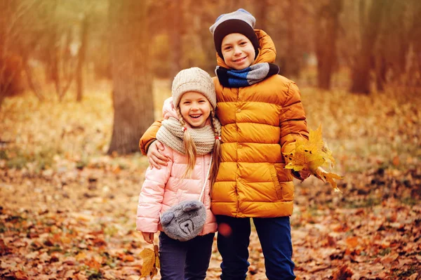 Őszi Park Szabadtéri Játék Boldog Gyerekek Portré Mosolyogva Testvérpár Séta — Stock Fotó