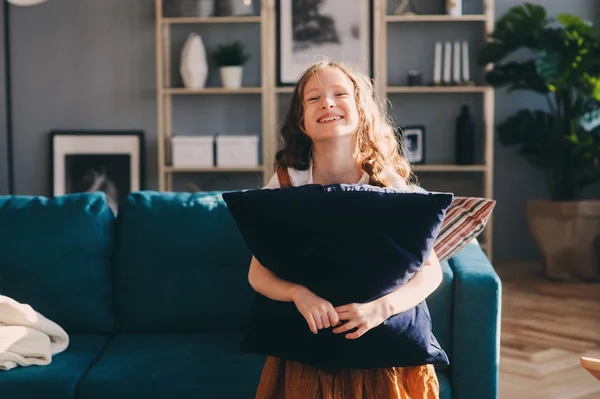 Happy Cheerful Kid Girl Posing Pillow Cozy Couch Modern Living — Stock Photo, Image