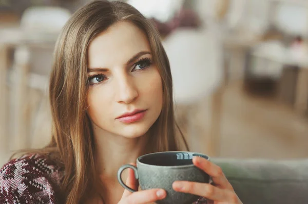 Close Portrait Young Thoughtful Woman Cup Tea Coffee Sitting Alone — Stock Photo, Image