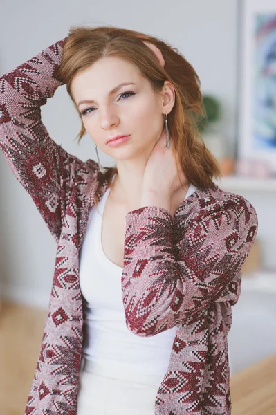 Indoor Portrait Beautiful Young Woman Posing Home Warm Cozy Cardigan — Stock Photo, Image