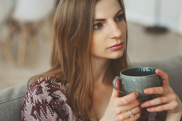 Close Portrait Young Thoughtful Woman Cup Tea Coffee Sitting Alone — Stock Photo, Image