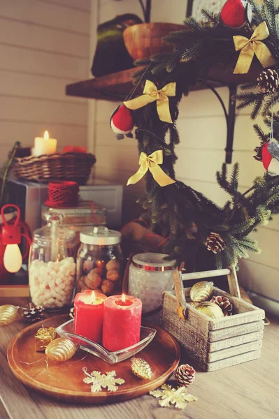 Casa Campo Cozinha Decorada Para Natal Feriados Ano Novo Marhmallows — Fotografia de Stock