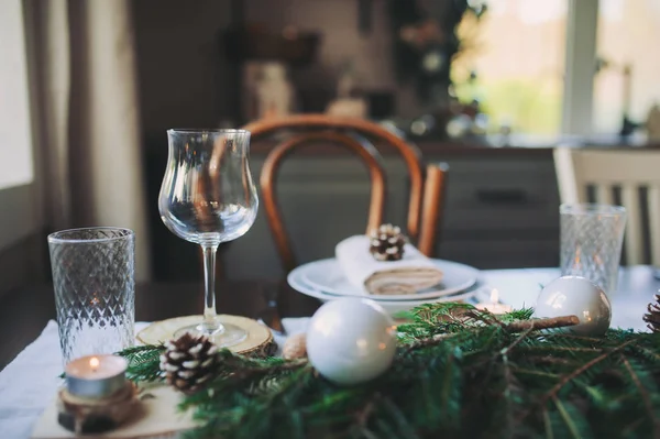 Festive Christmas New Year Table Setting Scandinavian Style Rustic Handmade — Stock Photo, Image