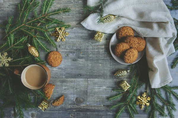 Vue Dessus Cadre Confortable Noël Hiver Avec Biscuits Faits Maison — Photo