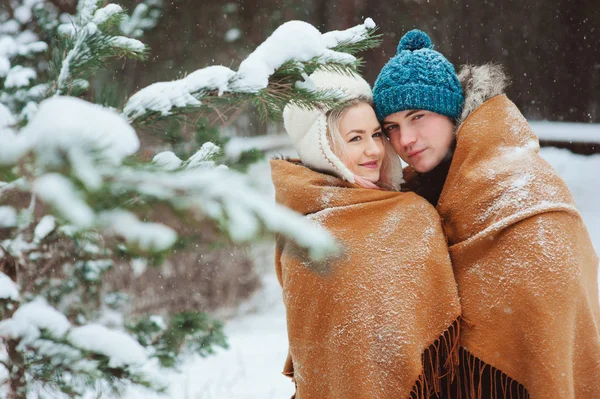 Feliz Joven Pareja Amorosa Caminando Bosque Invierno Nevado Cubierto Bufanda —  Fotos de Stock