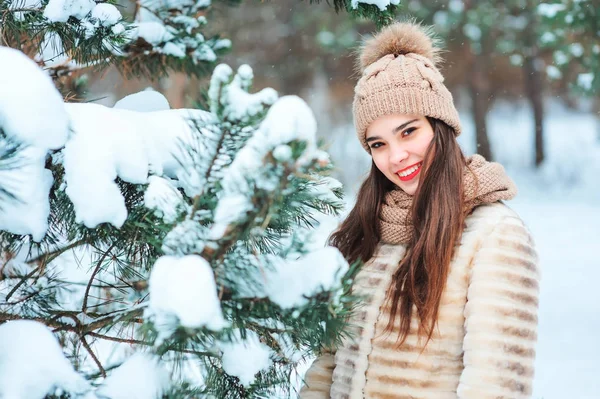 Retrato Inverno Mulher Bonita Feliz Casaco Pele Chapéu Malha Andando — Fotografia de Stock