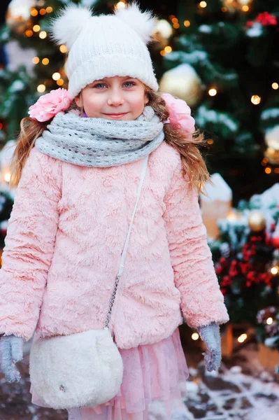 Happy Child Girl Playing Outdoor Walk Snowy Winter City Decorated — Stock Photo, Image