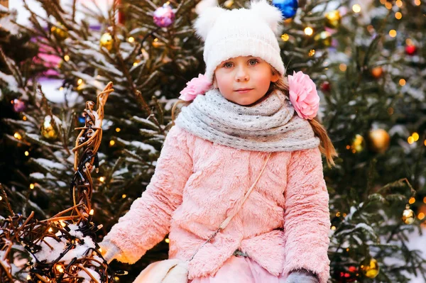 Christmas Portrait Happy Child Girl Walking Outdoor Snowy Winter Decorated — Stock Photo, Image