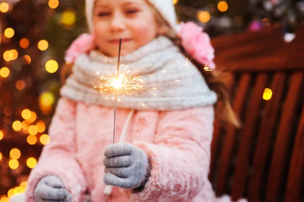 Christmas Portrait Happy Child Girl Holding Burning Sparkler Firework Outdoor — Stock Photo, Image