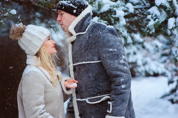 Живописный Зимний Портрет Романтической Пары Гуляющей Развлекающейся Снежном Лесу — стоковое фото